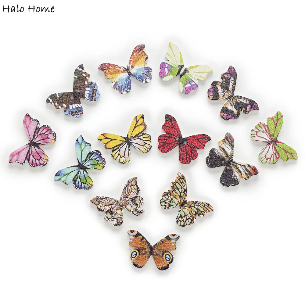 30pcs 2 Hole Mixed Many Style Optional Butterfly Wood Buttons Decor Clothing Home Sewing Scrapbooking Card Making DIY