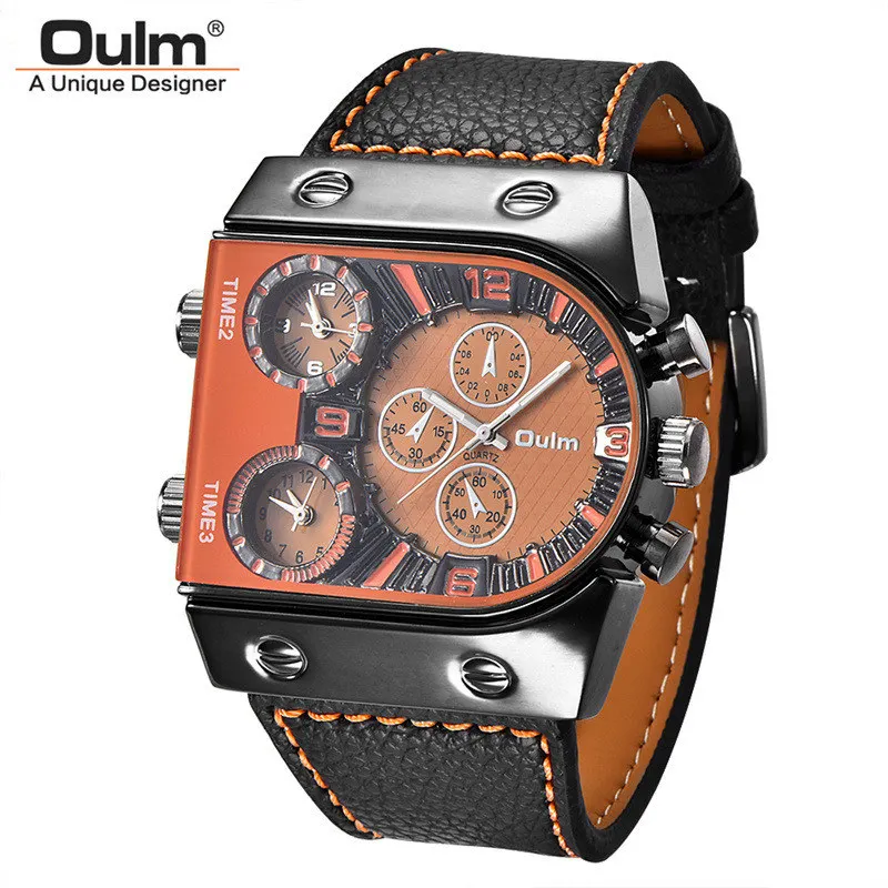 Oulm-Reloj de pulsera de cuero para hombre, cronógrafo militar de cuarzo, deportivo, con tres zonas horarias