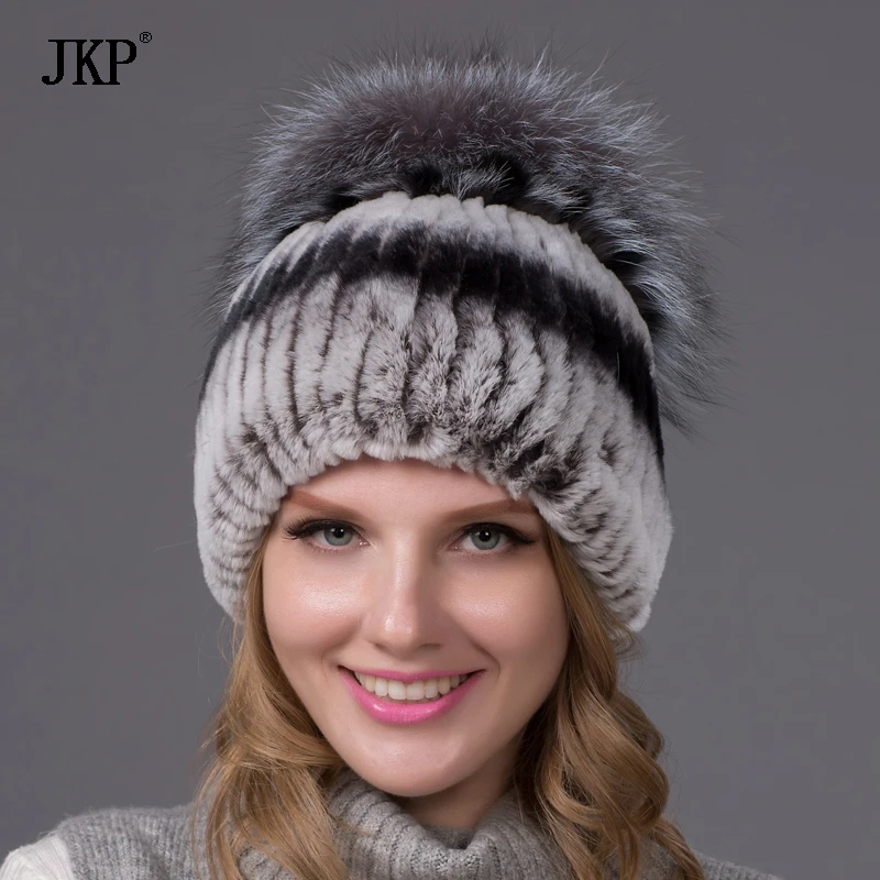 Winter Rex Rabbit Fur Hat For Women With Fox Fur Pom Poms Top Knitted Beanies Fur Hats New Brand Causal Good Quality Cap THY-02