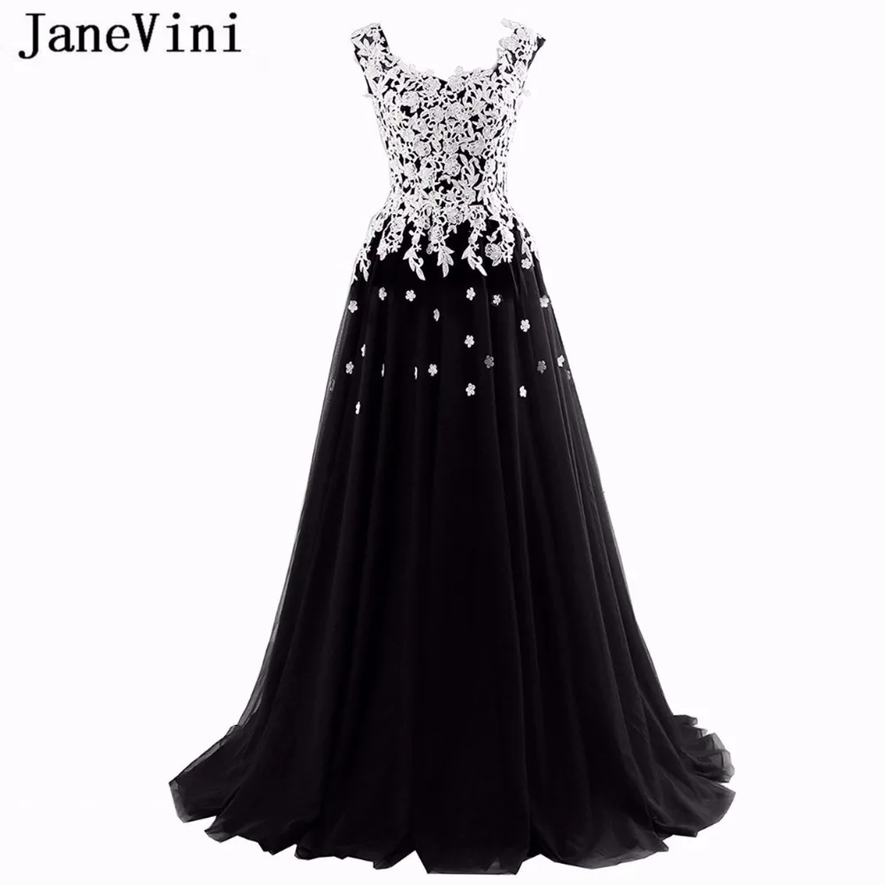 JaneVini Elegante EEN Lijn Zwarte Prom Dresses 2019 Vierkante Hals Sleeveless Applicaties Lace-up Back Tulle Plus Size Formele partij Jassen