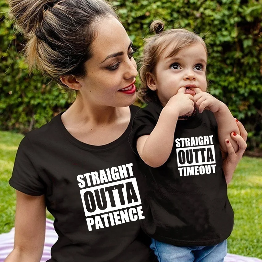 Straight Outta Patience and Time Out Mother and Baby Kawaii Printed T-Shirts Mom Baby Girls T Shirt Mommy Kids White Clothing