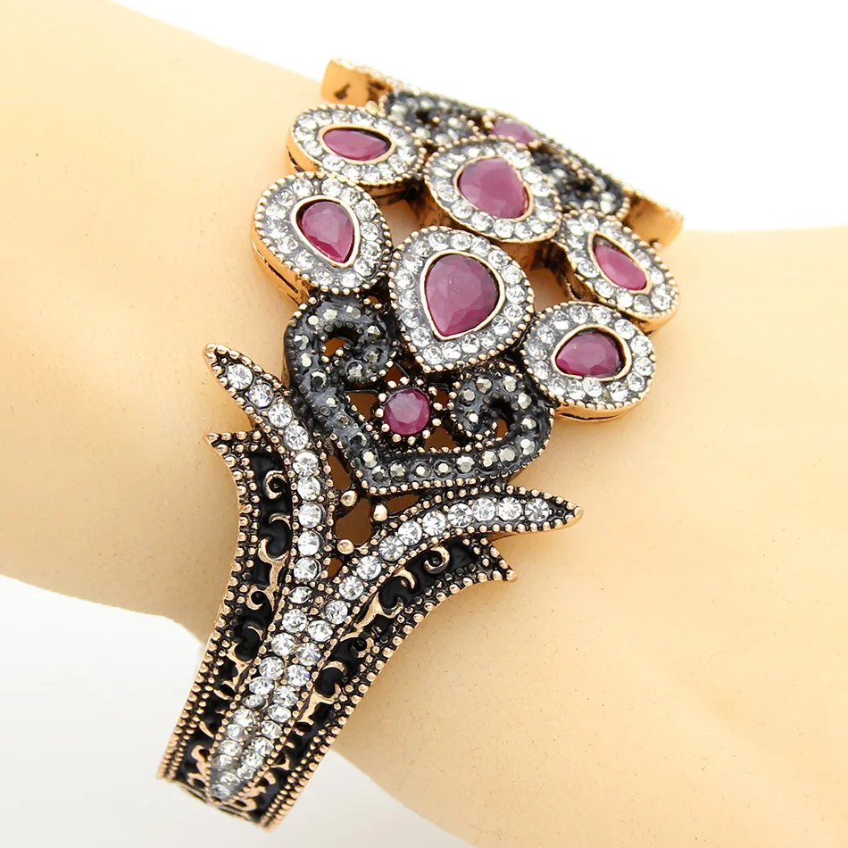 Sunspicems Ethnic Resin Flower Bangle Bracelet Turkish Crystal Jewelry Antique Gold Color Peacock Cuff Bracelets Tulip Bangle