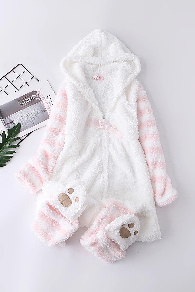 Japanese Winter Women Onesie Pajamas Kawaii Cat Lovely Ear Long Sleeve Pink One-Piece Sleepwear Female Casual Cute Homewear Girl