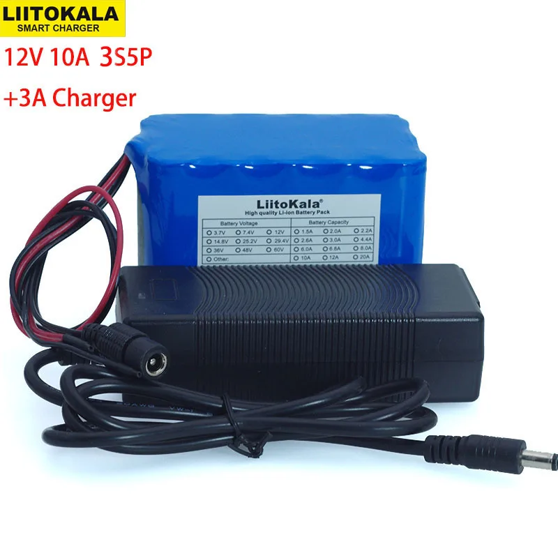 

Liitokala Large capacity 12 V 10Ah 18650 lithium Rechargeable battery 12v 10000 mAh Protection BMS+ 12.6 v 3A battery Charger