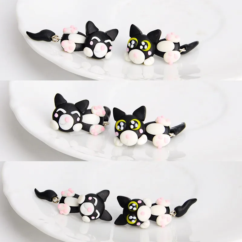 2017NEW  Fashion Cute Cartoon Black Cat Stud Earrings Set Handmade Polymer Clay Brincos Feminino 3D Aretes Fine Jewelry