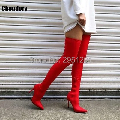 Fashion Shoes Woman Satin High Heels Sharp Pointed Toe Women Booties Floral Print Thigh High Boots Stretchy Silk Over knee Boots