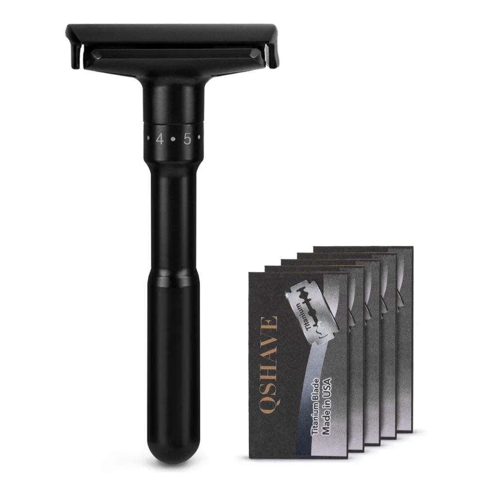 QShave Luxurious Black Adjustable Safety Razor Can Design Name on It Classic Stand Safety Razor Men Shaving 5 Gift Blades