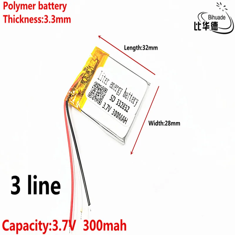 3 linhas de boa qualidade 3.7v, 300mah, 332832 polímero de lítio/bateria li-ion para brinquedo, power bank, gps, mp3,mp4