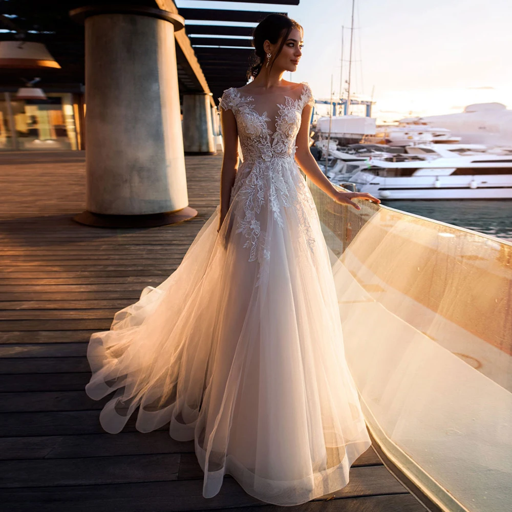 Charming Sheer คอ Bohemian ลูกไม้ Vestidos De Novia สีขาว/งาช้าง Tulle ที่กำหนดเอง Civil ชุดเจ้าสาว Plus ขนาด