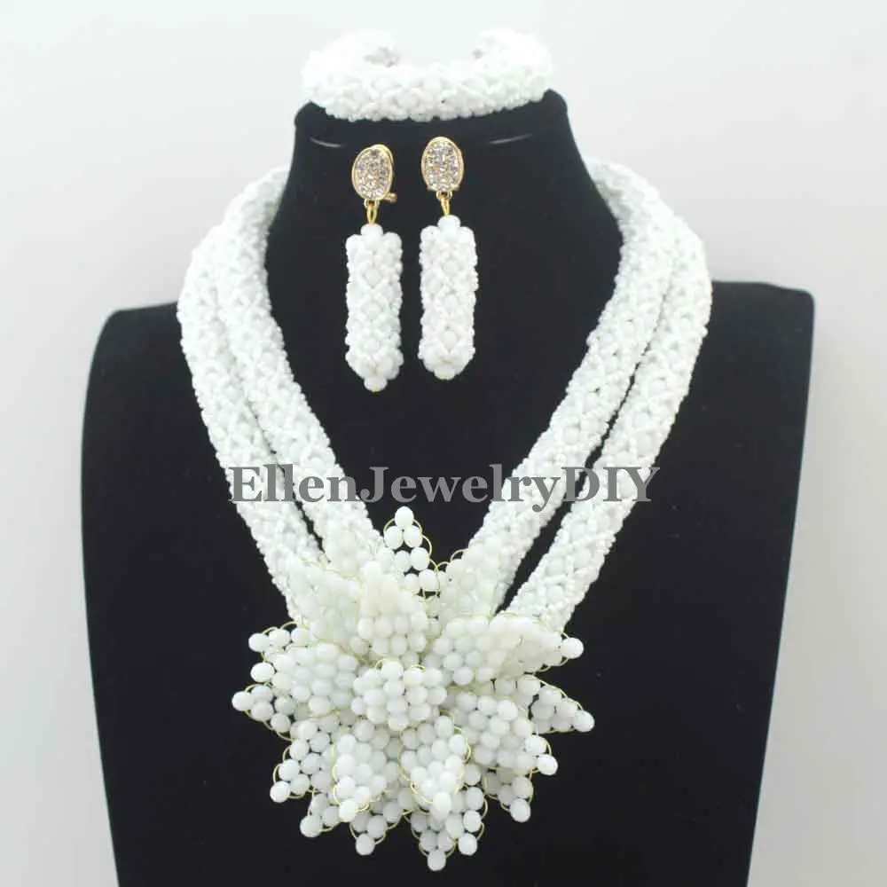 Fantastic White Crystal african beads jewelry Set Handmade Flower Pendant Wedding Nigerian wedding bridal Jewelry Set W13284