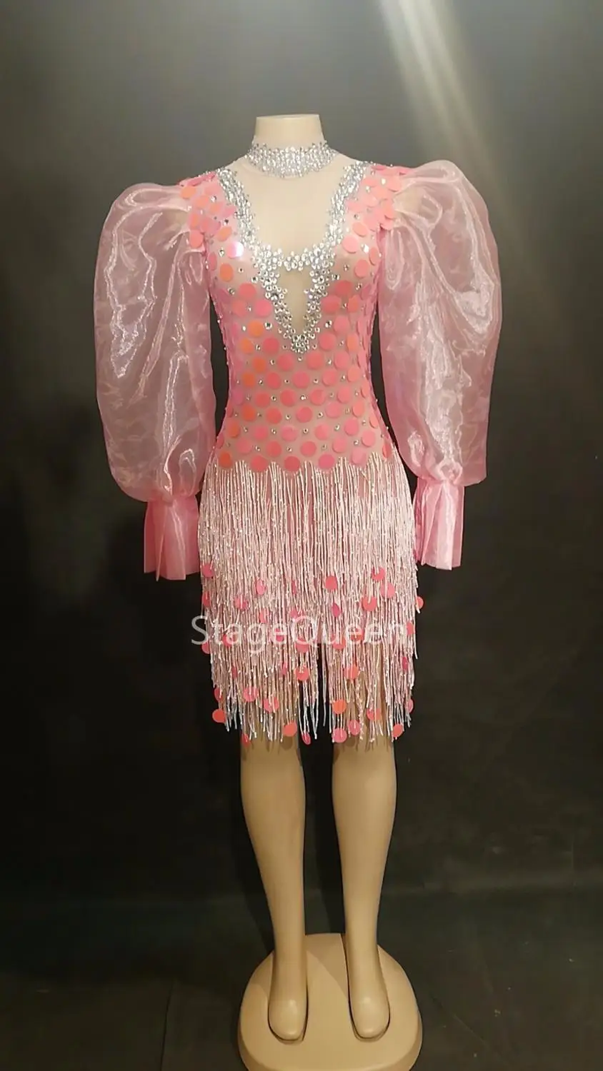 DS DJ Stage Pink Net Yarn Tassel Dress Full Of Sparkling Paillette Nightclub Birthday Party Stage Wear Bling Dance Costumes