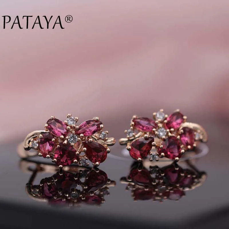 PATAYA Multi-Colored Blue Natural Zirconia Short Earrings 585 Rose Gold Color Exclusive Design Jewelry Women Luxury Earrings