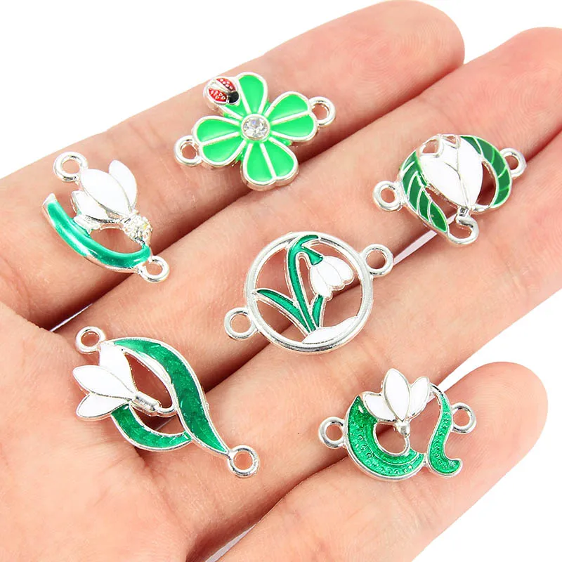 10 sztuk mieszany styl emalia zielona roślina kwiat liść Charms złącze dla kobiet dziewczynki naszyjnik DIY bransoletka biżuteria akcesoria