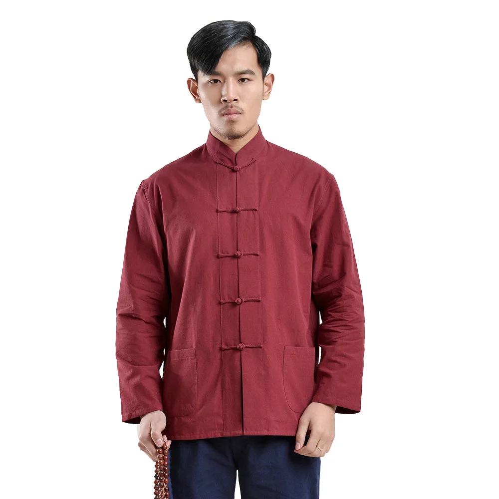 Manica lunga 100% cotone abiti tradizionali cinesi Tang Suit Top Kung Fu Tai Chi uniforme primavera autunno camicia camicetta cappotto per uomo