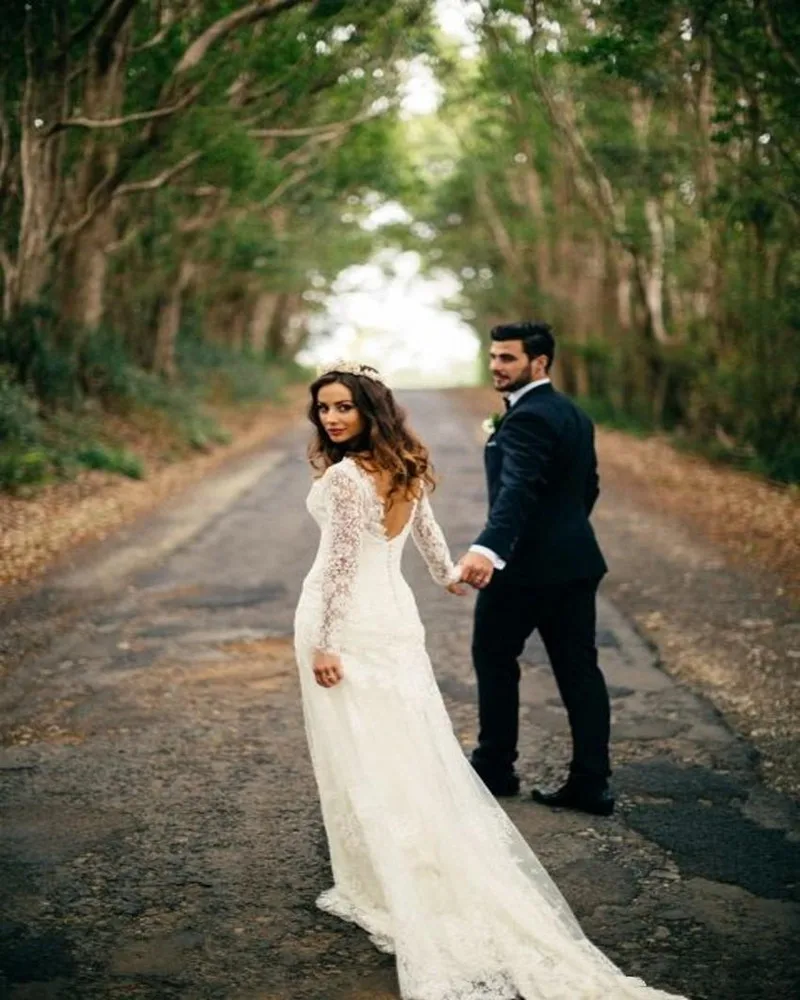 Elegante Lange Hülse Weiß Spitze Boden Länge Hochzeit Kleid Nach Maß Vestido De Noiva