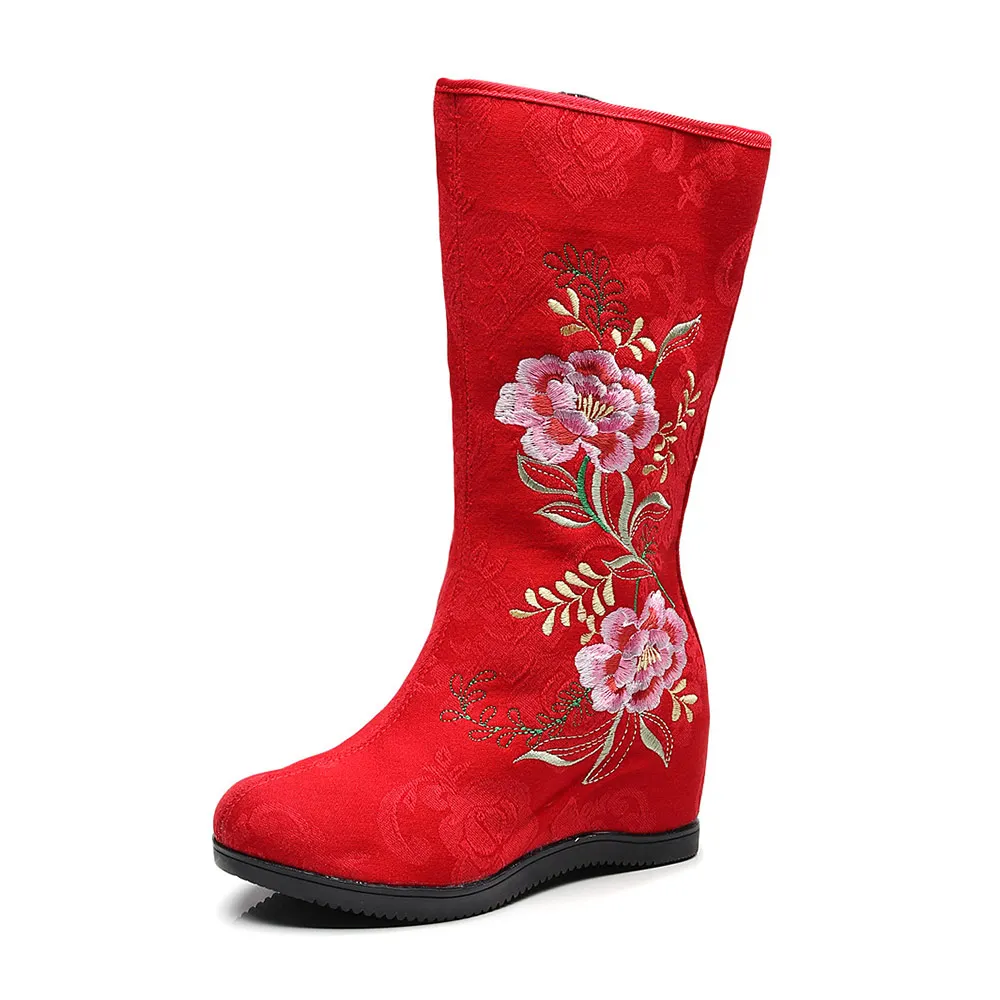 Veowalk Autumn Women\'s Cotton Fabric Mid-Calf Boots Chinese Embroidery Woman Hidden Wedge Heel Comfort Fall Shoes Ladies Boots