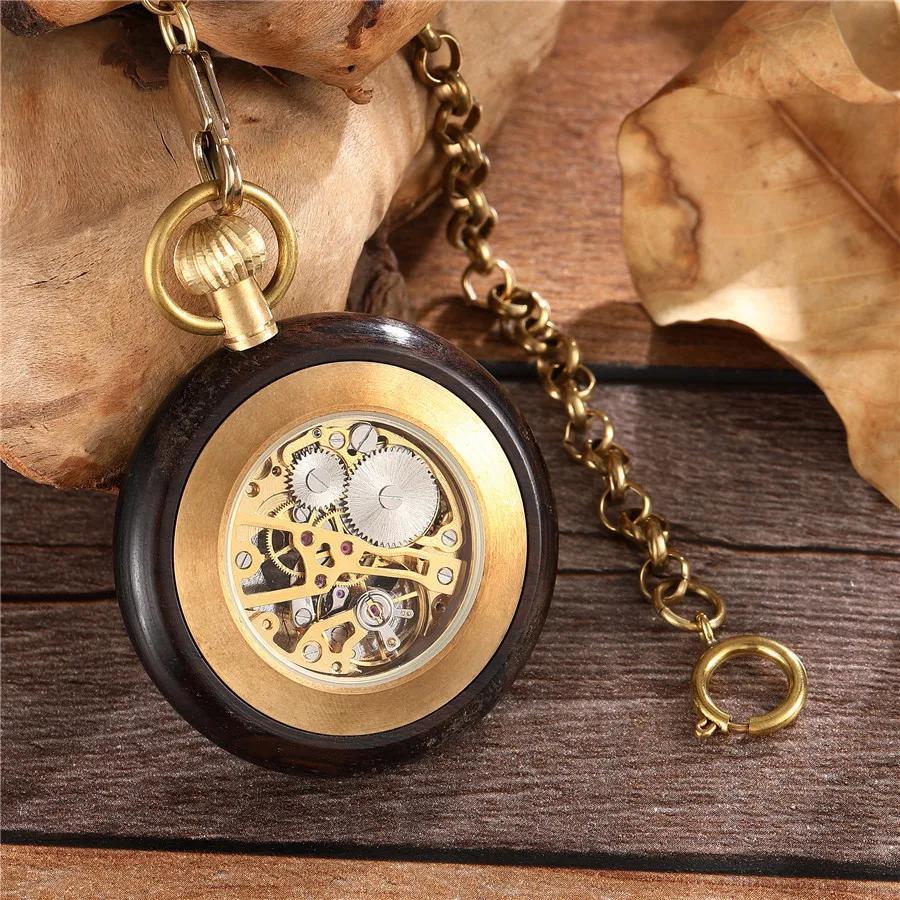 Wooden Gold Pocket Mechanical Watch Ladies Men's Hand Wind Chain Necklace  Wooden Watches for Men and Women Unisex