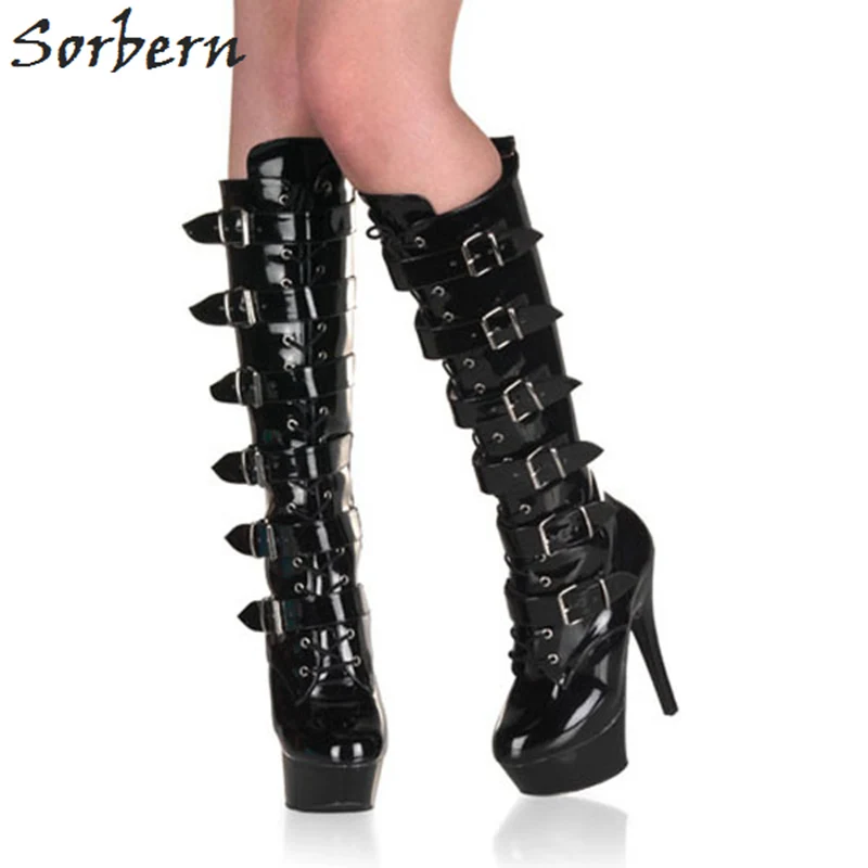 Sorbern High Heels 15Cm Platform Bota Feminina Slim Heel Boot 44 Long Boot Woman Heel Platform Buckles Wrapped Punk Style Shoes