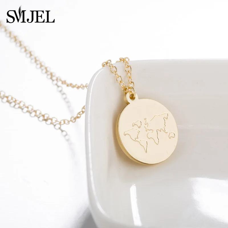 SMJEL Layer World Map Necklaces for Women Simple Round World Coin Charms Necklace Wonderlust Handmade Jewelry Gift