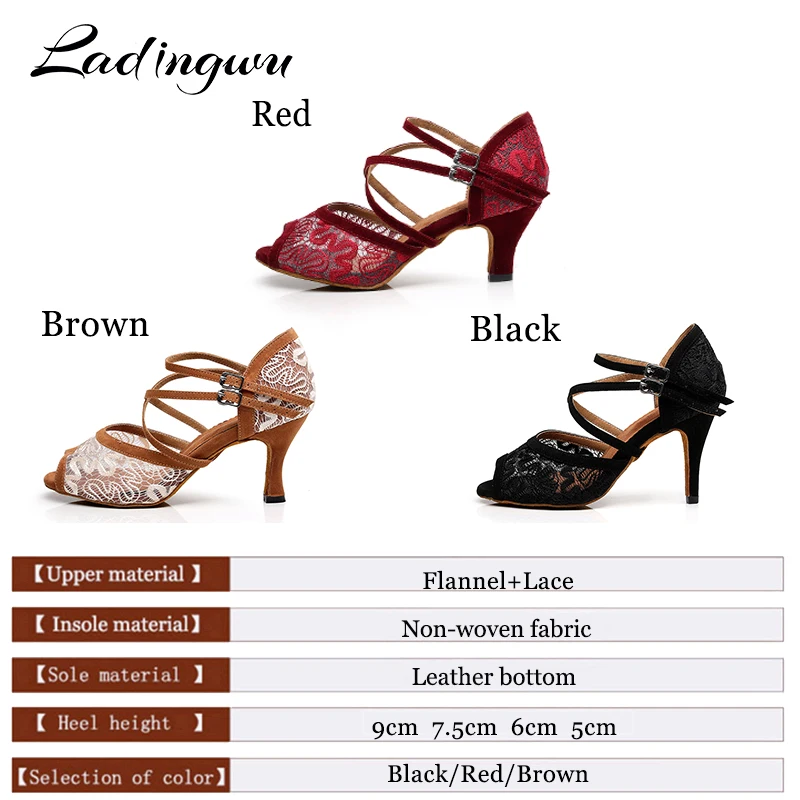 Ladingwu Lace Latin Dance Shoes For Woman Ballroom Dancing Shoes For Women Salsa Performance Dance Shoes For Red Black Brown