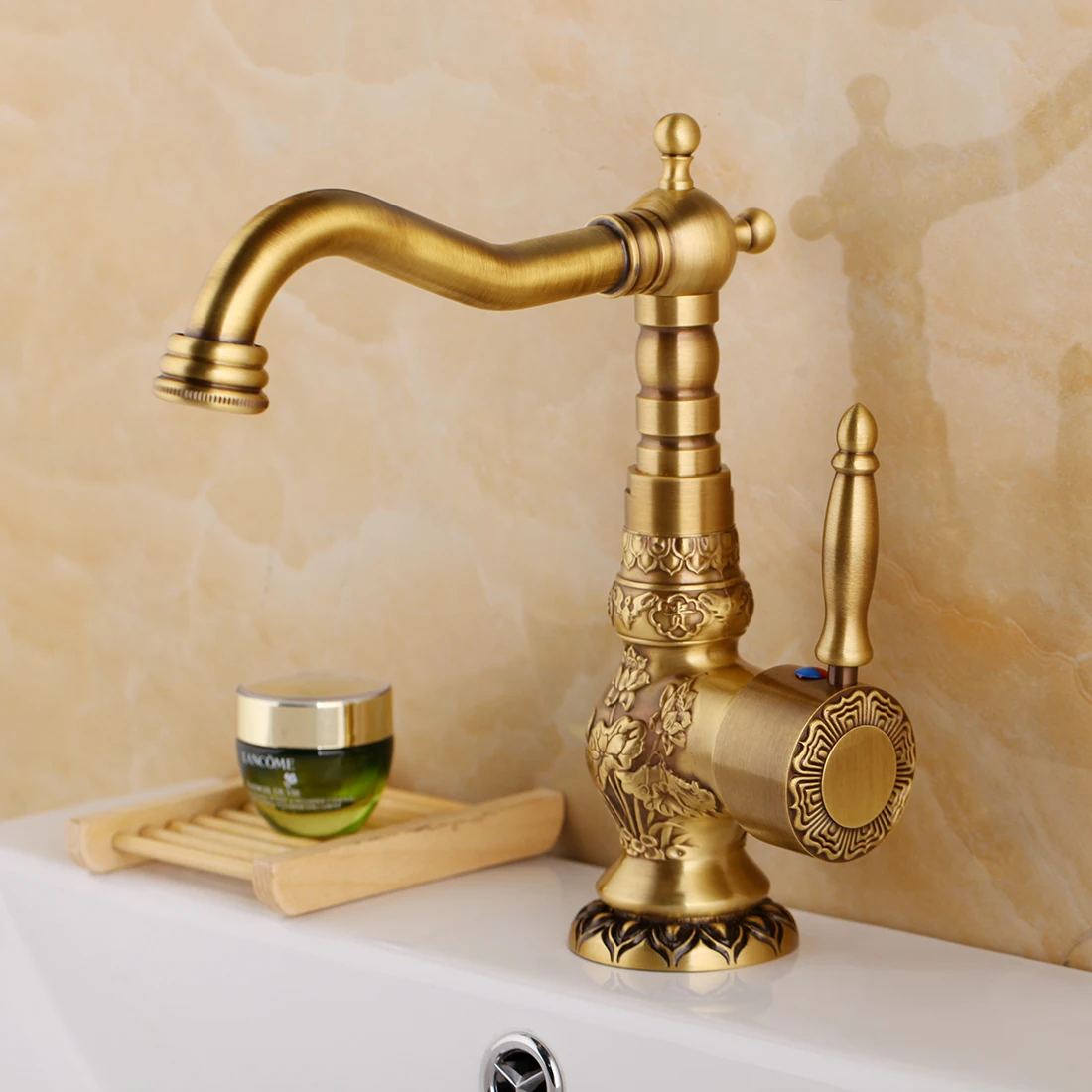 Imagem -04 - Kemaidi-antique Brass Bathroom Basin Faucet Bico de Nariz Longo Torneiras de Lavagem 360 Bico Giratório Misturador de Alça Única