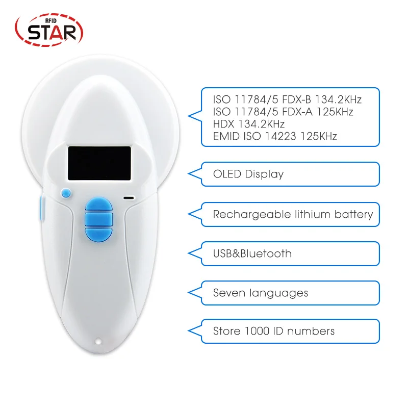 Bluetooth FDX-A/FDX-B/HDX animal chip scanner rfid handheld reader pet syringe scanner animal USB pocket reader for animal ID