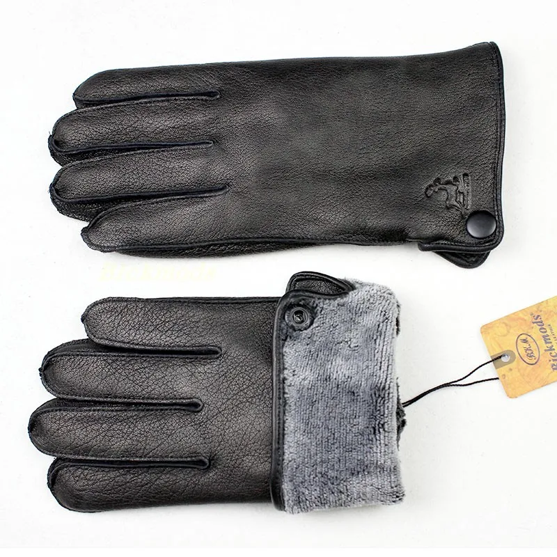 Guantes de piel de venado gruesos y cálidos para hombre, moda de cuero, estilo de costura exterior Simple, forro de franela, puntos de lana finos,