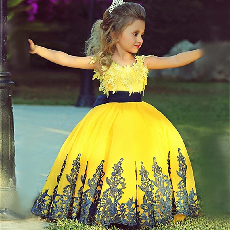 

Pageant Dress Little Princess Glitz Ball Gown Lace Yellow Ball Gown Cute Flower Girl Dress 2017 with Black Sash