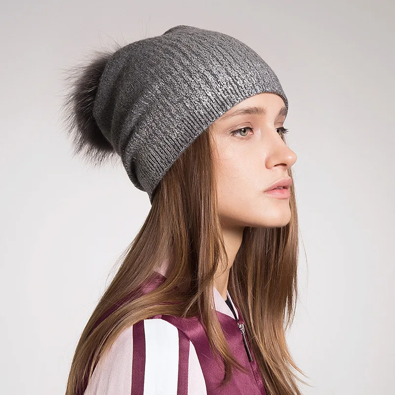 Wool Blends Metallic Beanie Knit Hat With Fur Pom Pom Slouchy Women Winter Hats