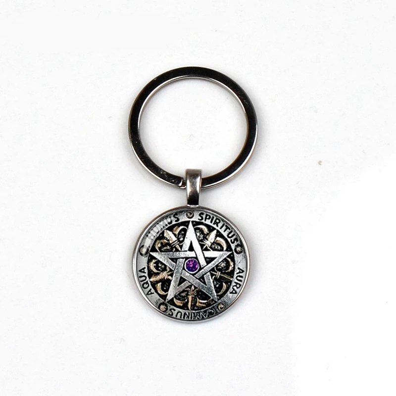 2019vintage punk fashion Wiccan keychain black magic pagan five-pointed star souvenir keyring glass dome man woman favorite gift