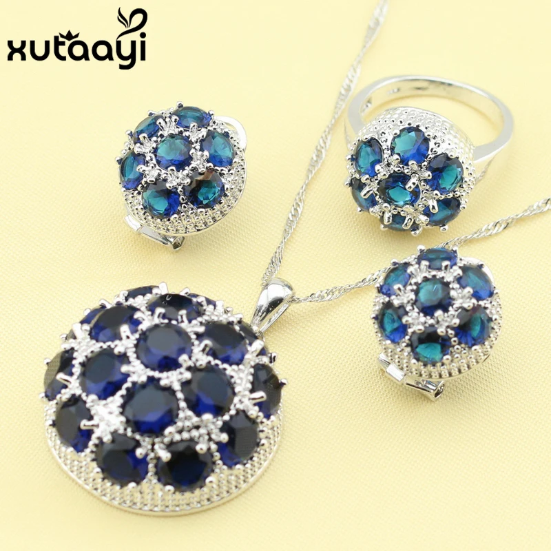 Hot-selling Fashion  Silver Jewelry Sets Huge Blue Zircon Superb Necklace Rings Earrings Christmas Gift For Women