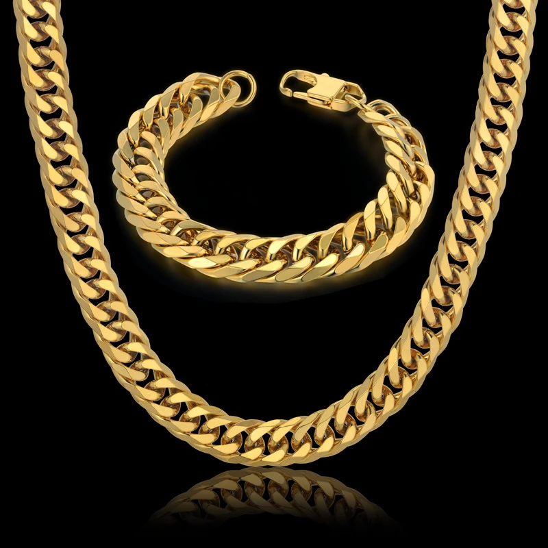 Hip Hop Style 14MM Cuban Chain Necklace & Bracelet For Men Gift Wholesale Dubai Gold Color Stainless Steel Jewelry Sets