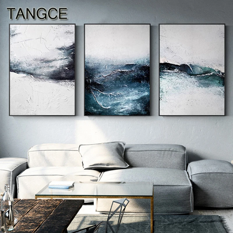 Modern Dreamy Dark Blue Powder Sand Canvas Painting Fashion Poster Print Abstract Wall Art for Living Room Nordic Tableau Salon