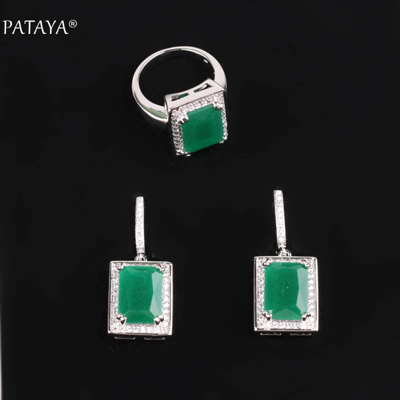 PATAYA New Fashion Jewelry Sets True White Gold Color Blue Natural Zircon Ring Earrings Sets Wedding Decoration Fine Jewelry Set