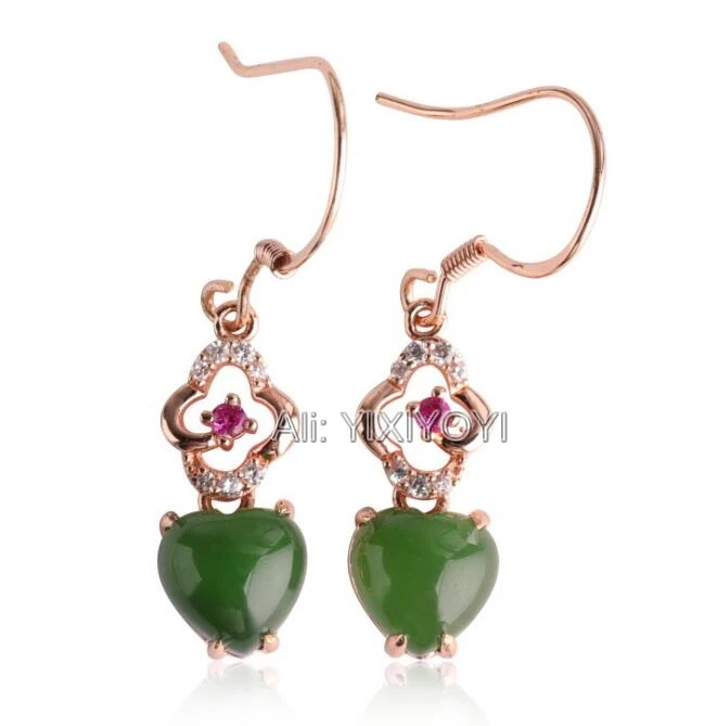 Beautiful 925 Silver Gold Green HeTian Jade Beads Inlay Heart Drop Dangle Earrings Woman's Lucky Earring Ear Jewelry Certificate