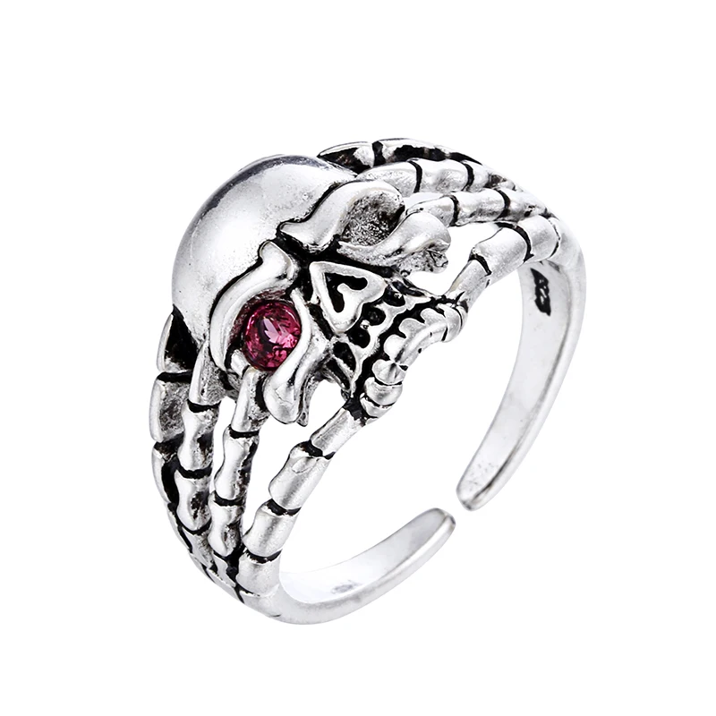 Retro Style One Eye Skeleton Red Crystal Thai Silver Ladies Party Rings Jewelry Female Birthday Gifts No Fade