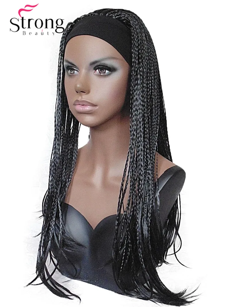 StrongBeauty 24INCH Long Black Braided 3/4 HEADBAND Wig Full Synthetic Hair