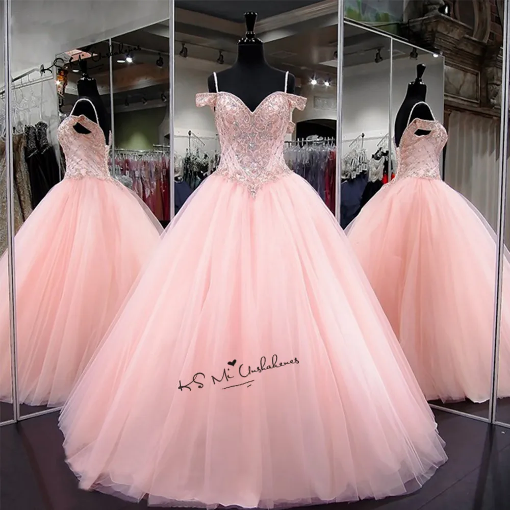 สีชมพูหรูหรา Ball ชุด Quinceanera ชุด2018 Plus ขนาดเซ็กซี่ชุดราตรีลูกปัด Vestidos De Debutante Gowns Ballkleid