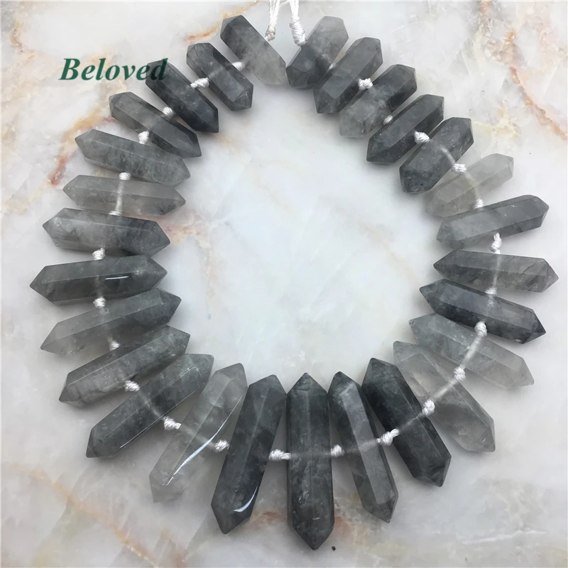 Double Terminated Cloud Crystal Quartz Loose Beads, Natural Gray Pencil Point Jewelry Making Findings, BG231105