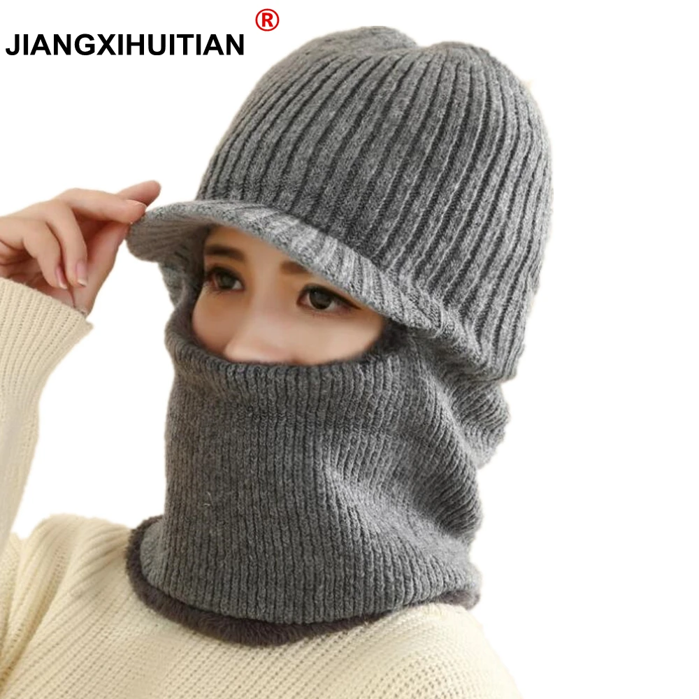 

Neck warmer women hat knit cap scarf set fur Wool Lining Thick Warm Knit beanies balaclava Winter Hat mask Cap Skullies bonnet