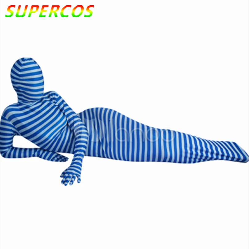 Traje Zentai de LICRA a rayas azules y blancas, bolsa de momia, fiesta de carnaval, Halloween, alta calidad