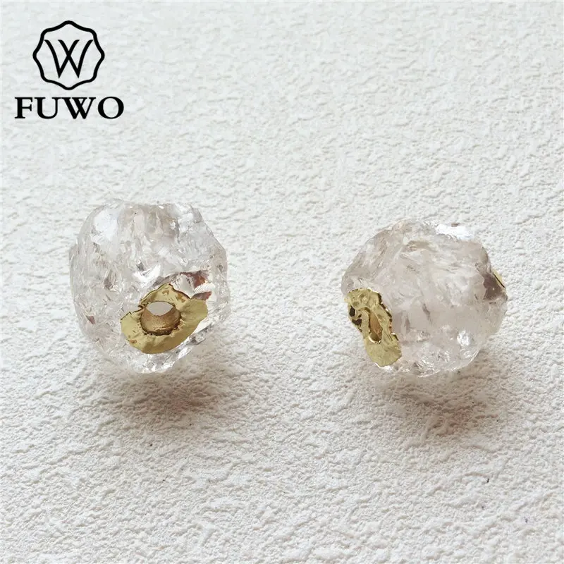 FUWO Wholesale Round Clear Quartz Connector Beads,Golden Plated Hand Carved Natural Crystal For DIY Jewelry Making 5Pc/Lot PD161