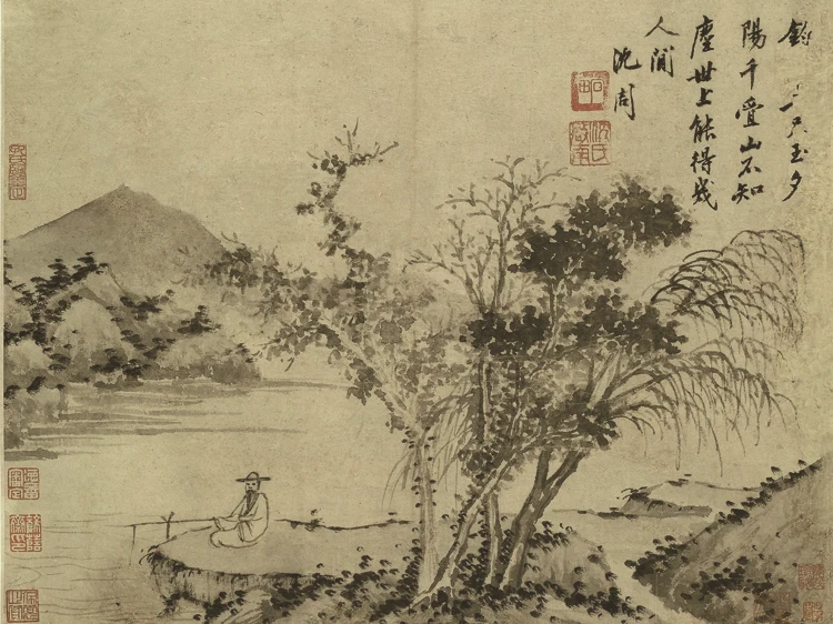 traditional Chinese painting landscape picture scenery posters prints art fishing under the tree by Shen Zhou Ming Dynasty