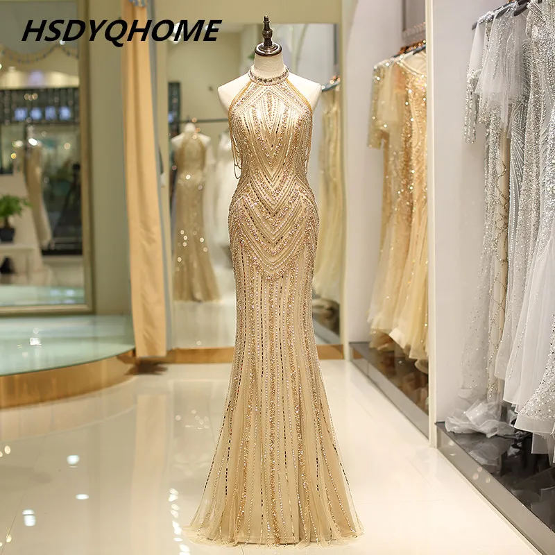 

Luxury Mermaid Evening Dresses Amazing Gold Soft Tulle Prom Party Gown Beaded Long Vestidos De Novia Elegant