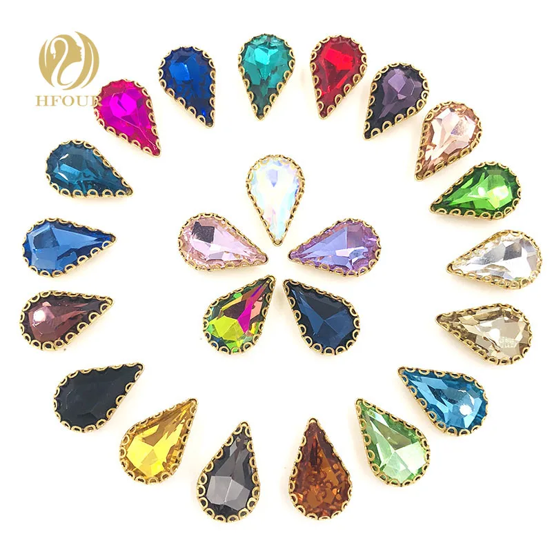 Hot 20pcs 8X13mm Teardrop flatback sew on rhinestones gold base pear shape losse rhinestones DIY wedding decoration Accessories