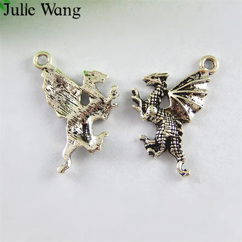 Julie Wang 20pcs Alloy Dragon Charms Antique Silver Color For Necklace Pendants Findings Jewelry Making Hanging Accessory