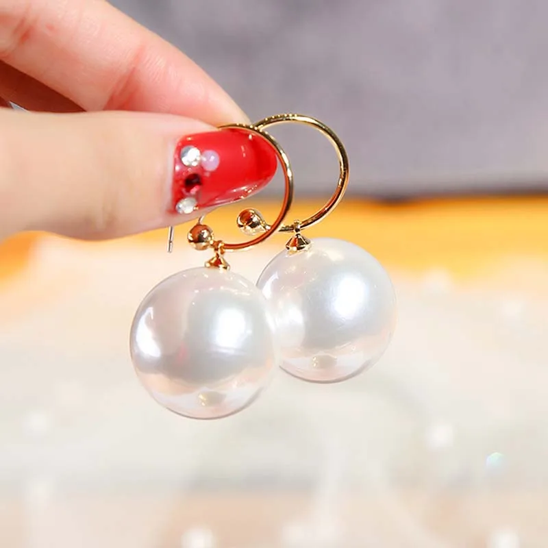 Real 925 Sterling Silver Needle Hoop Earrings for Women Jewelry Gold Red Pearl Wedding Party Female Round Ball Earrings