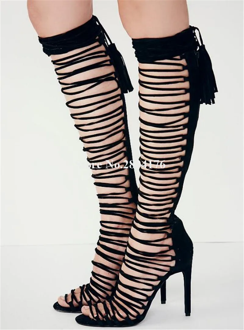 

Western Fashion Style Women Open Toe Suede Leather Stiletto Heel Knee High Gladiator Boots Strap Cross Long High Heel Boots