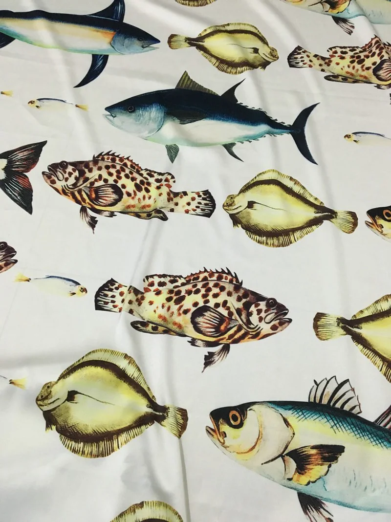 Europe and America Deep Sea Fish Printed Imitate Silk Satin Fabric  For Woman Dress Blouse Pants Pajamas DIY Cloth Sewing