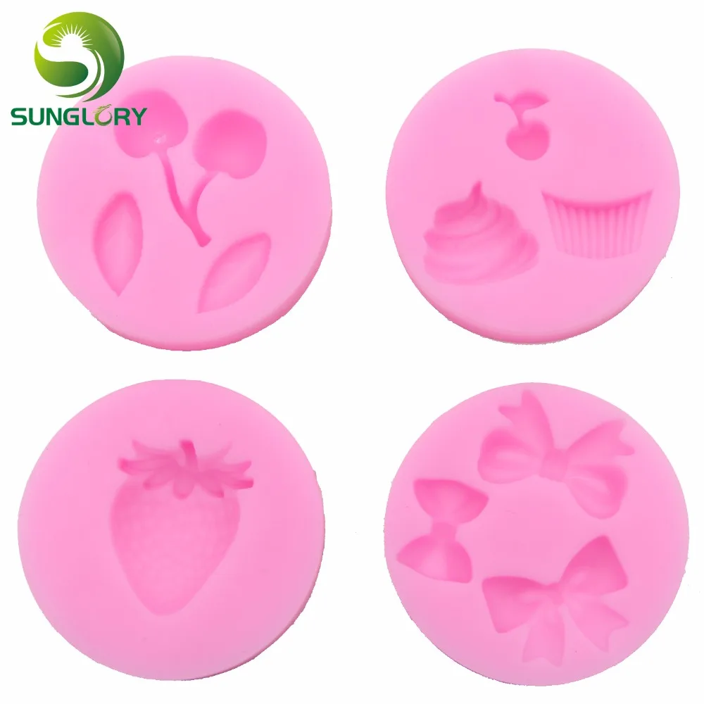 

4PCS Cherry Bowknot Silicone Mold DIY Gum Paste Strawberry Icecream Silicone Fondant Mold For Cupcake Decoration Mold For Baking